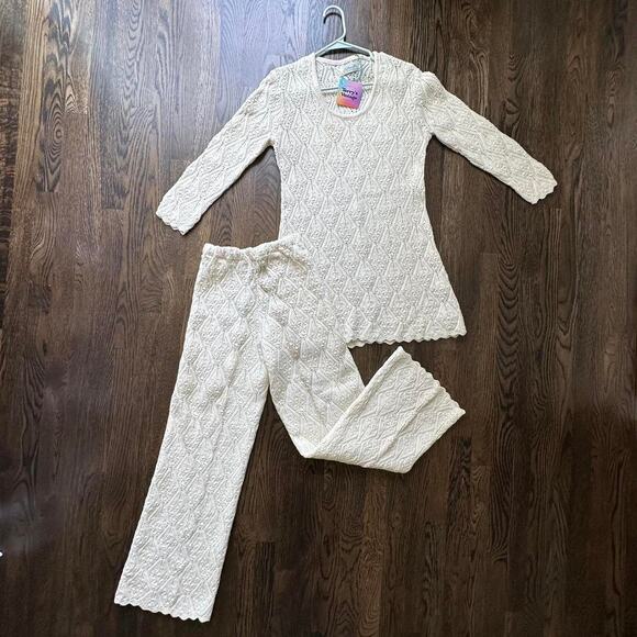 50s/60s cream knit mini dress + pants set - Picture 1 of 6